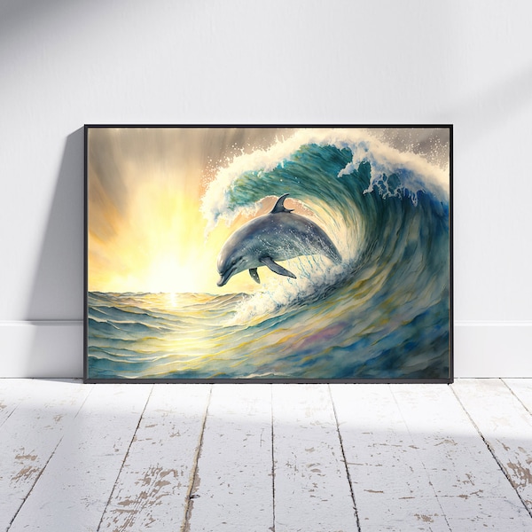 Poster Delfin in einer Welle Aquarell Kunstdruck -, Sonnenuntergang Meer Ocean Wasser, Sonnenstrahlen, Tiere Wandkunst Geburtstags Geschenk