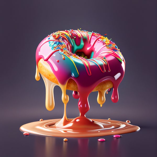 Donut with Jelly Dripping - Food Art, Digital, Prints, Pink & Blue, Colorful, Food Photography