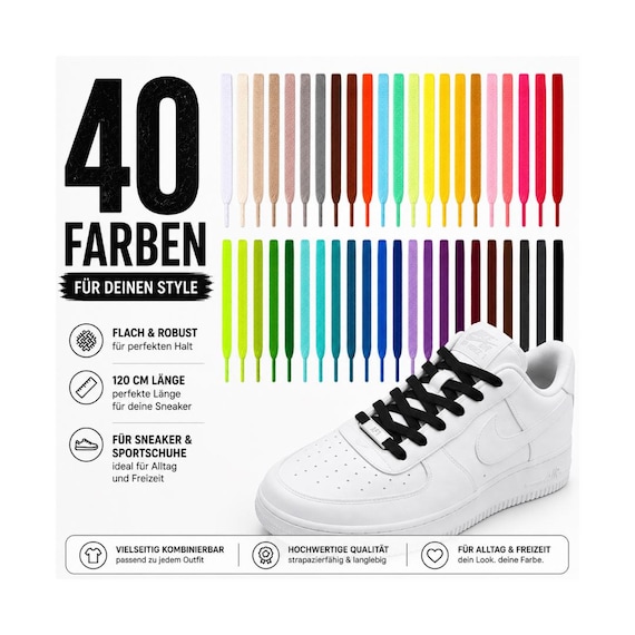 Schnürsenkel 120 cm – flach & robust | 40 Farben | Ersatz für Sneaker, Sportschuhe, Alltagsschuhe | Laces für Adidas, Nike, Converse...