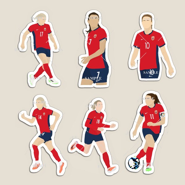 Norway Women International Football Players Stickers or Magnets (Blakstad, Reiten, Hegerberg, Maanum, Graham-Hansen & Engen)