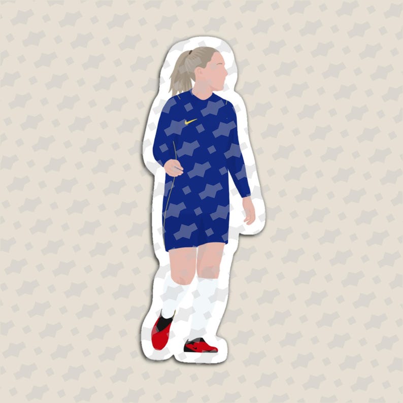 May include: A die-cut sticker featuring a stylized illustration of a soccer player with a ponytail, wearing a long-sleeve blue jersey with a light blue geometric pattern, white shorts, white socks, and red soccer cleats with a yellow Nike logo.