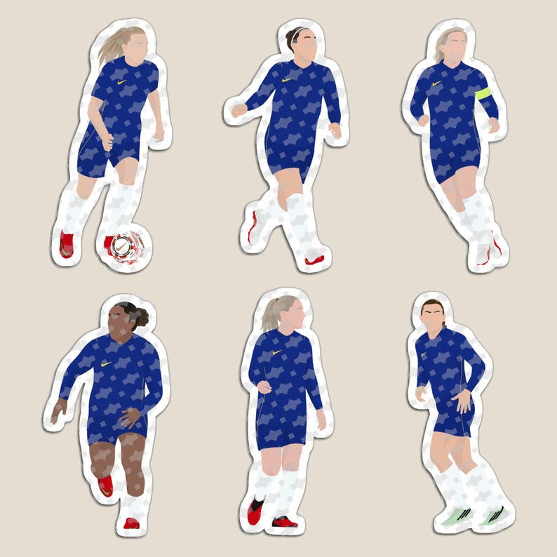 May include: A set of six die-cut stickers featuring soccer players in blue patterned jerseys with white shorts and socks. Each sticker depicts a player in a different pose, with one player dribbling a soccer ball. The designs are minimalist illustrations.