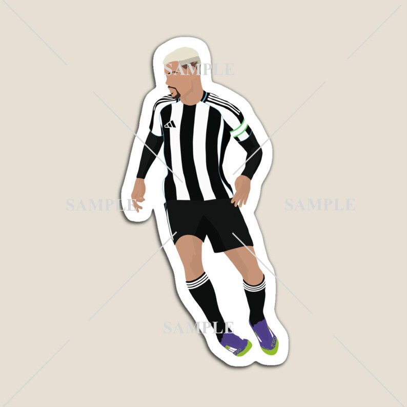 May include: A sticker featuring a stylized illustration of a soccer player in a black and white striped jersey, black shorts, and black socks with white stripes. The player is wearing purple and green cleats.