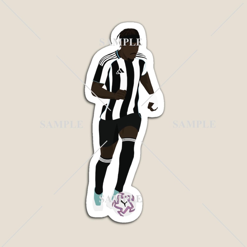May include: A sticker featuring a stylized illustration of a soccer player in a black and white striped jersey, black shorts, and black socks. The player is dribbling a purple soccer ball with light blue shoes.