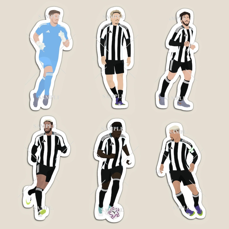 May include: Set of six stickers featuring stylized illustrations of soccer players in black and white striped jerseys. One player is in a light blue goalkeeper uniform. The stickers vary in pose and include a player with a soccer ball.