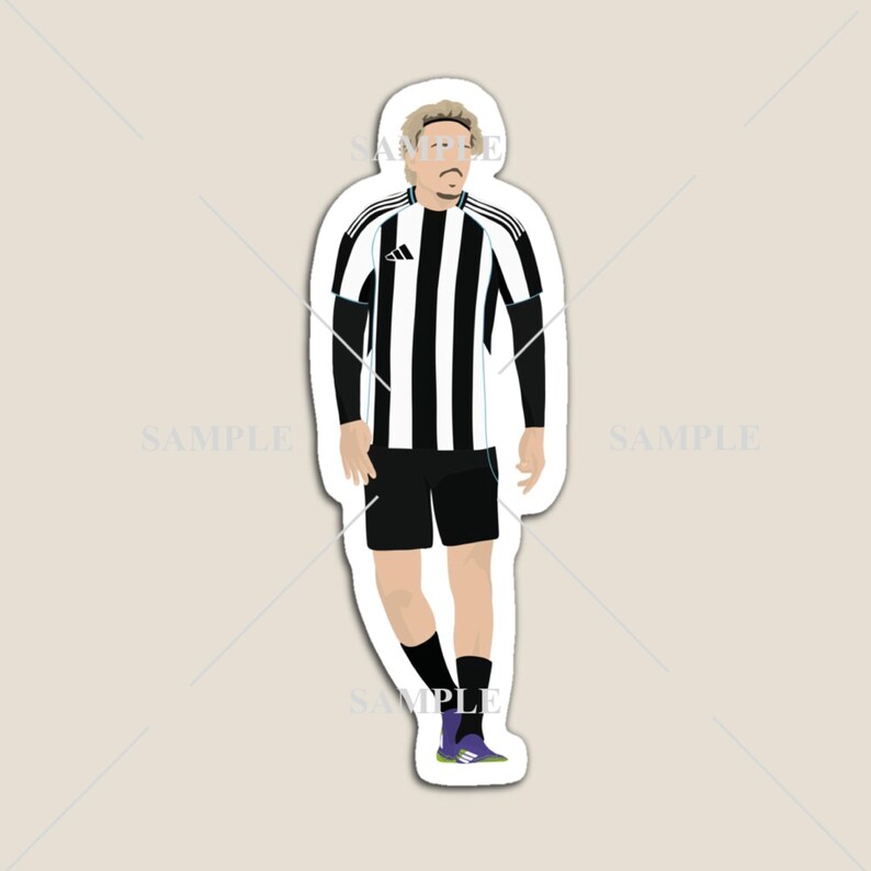 May include: A sticker featuring a stylized illustration of a soccer player in a black and white striped jersey, black shorts, and black socks. The player is wearing purple and black cleats. The Adidas logo is visible on the jersey.