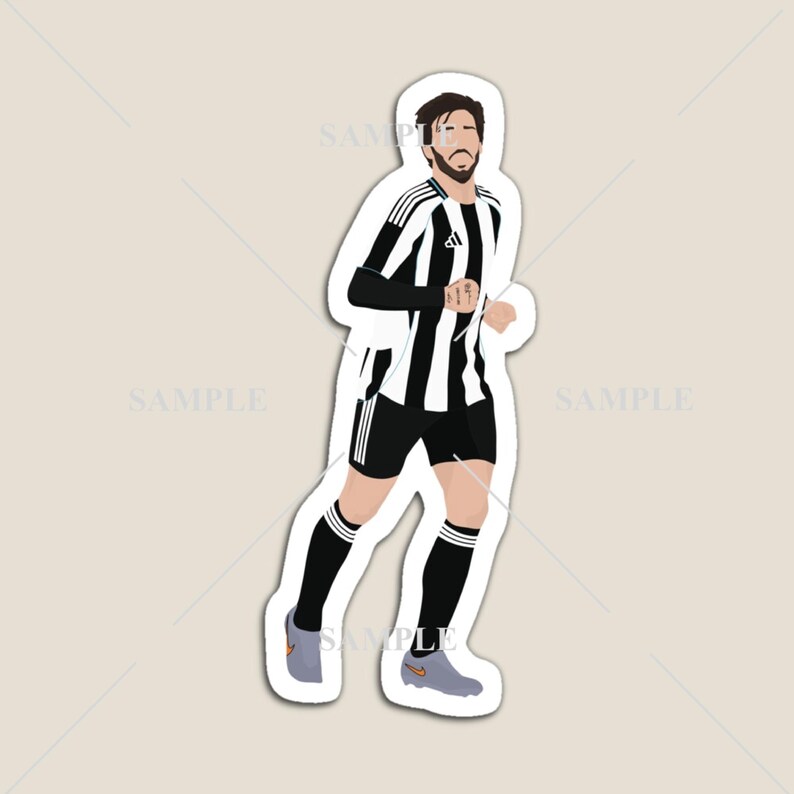 May include: A sticker featuring a stylized illustration of a soccer player in a black and white striped jersey, black shorts, and gray shoes. The player is running with a determined expression. The sticker has a white border.