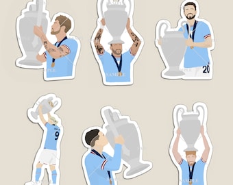 Man City Champions League Winners Stickers or Magnets including Haaland, Foden, Bernardo, De Bruyne, Stones & Walker.