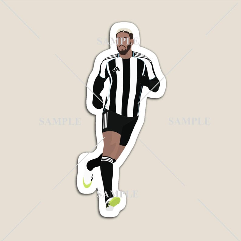 May include: A sticker featuring a stylized illustration of a soccer player in a black and white striped jersey, black shorts, and black socks. The player is running, with a light green swoosh on the shoe.