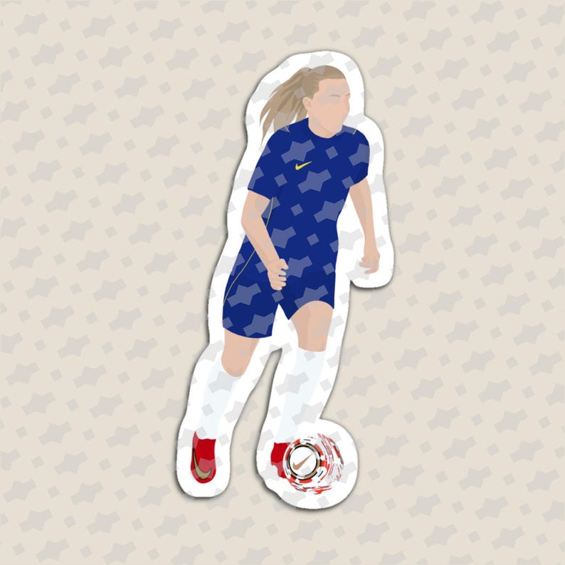 May include: A die-cut sticker featuring a soccer player in a blue patterned jersey with a yellow logo, white shorts, and red cleats. The player is dribbling a soccer ball with a visible logo. The design has a white border and a flat illustration style.
