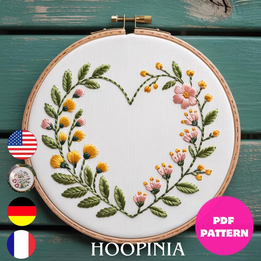 Heart Wreath Hand Embroidery Pattern, Floral Heart Hoop Design ...