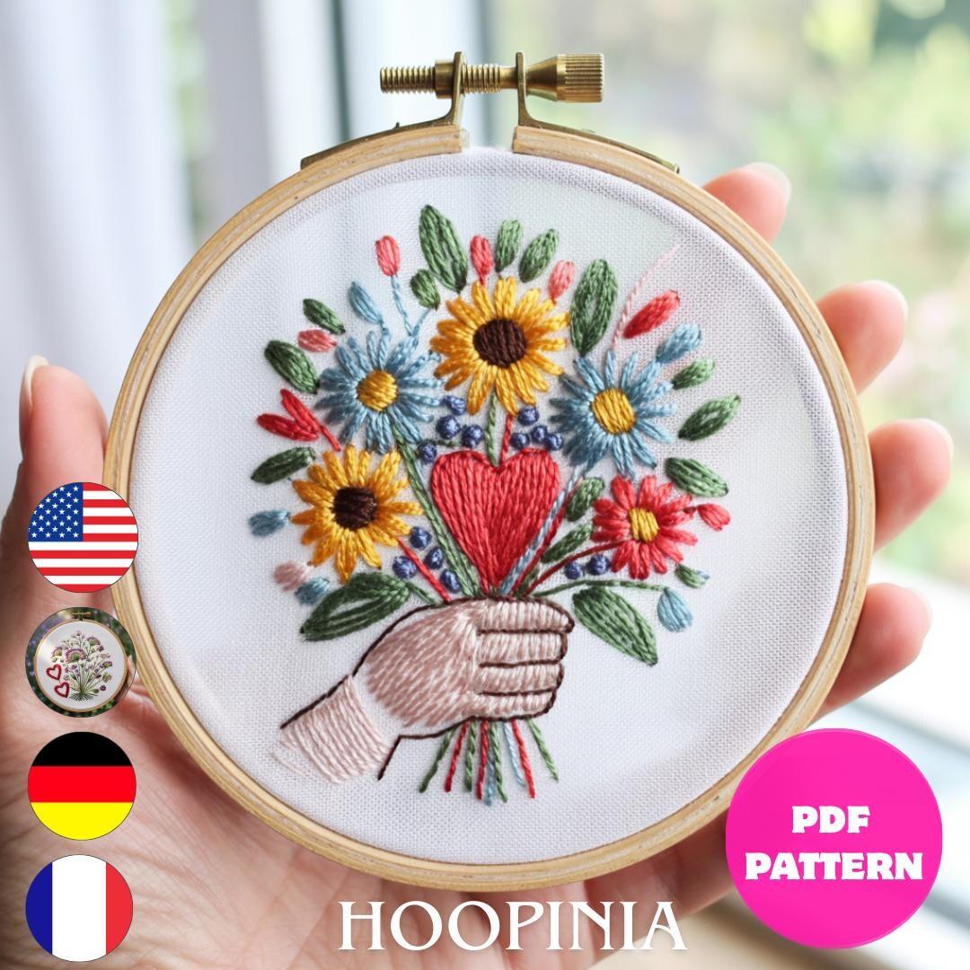 Heartfelt Love Bouquet Hand Embroidery Pattern, Romantic Flower Hoop ...