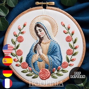 Virgin Mary & Roses Hand Embroidery Pattern – PDF Instant Download – Sacred Religious Hoop Art – “Hoopinia” Madonna Design