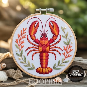 Lobster & Sea Botanicals Hand Embroidery Pattern – PDF Instant Download – Coastal Ocean Hoop Art – “Hoopinia” Lobster Design