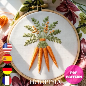 Carrot Hand Embroidery Pattern PDF – Vegetable Hoop Art – Modern Kitchen Décor – Beginner Friendly – Instant Download