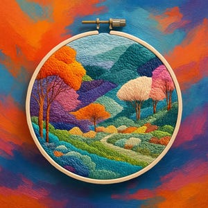 Colorful Landscape Hand Embroidery Pattern – PDF Instant Download – Modern Nature Scene – “Hoopinia” Mountain Valley Art