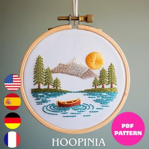 Mountain Lake Canoe Hand Embroidery Pattern, Scenic Landscape Embroidery, Nature Hoop Art PDF, Beginner Friendly Embroidery Design