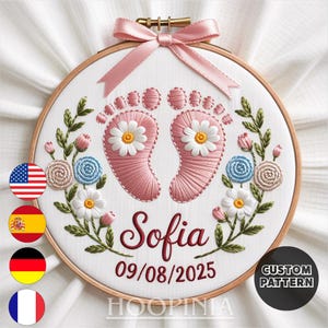 Personalized Baby Footprints Embroidery Pattern – PDF Instant Download – Custom Name & Date – Floral Newborn Hoop Art – “Hoopinia” Birth
