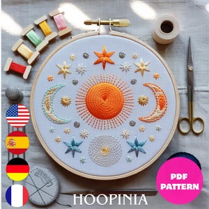 Sun and Moon Hand Embroidery Pattern, Celestial Embroidery Design, Stars Embroidery Hoop Art, Cosmic Embroidery PDF