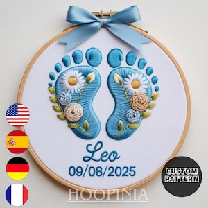 Personalized Baby Footprints Embroidery Pattern – PDF Instant Download – Custom Name & Date – Floral Newborn Hoop Art – “Hoopinia” Birth