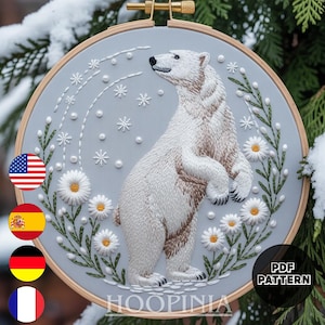 Polar Bear & Snowflakes Hand Embroidery Pattern – PDF Instant Download – Winter Animal Floral Hoop Art – “Hoopinia” Polar Bear Design