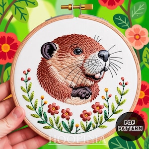Groundhog & Wildflowers Hand Embroidery Pattern – PDF Instant Download – Whimsical Animal Hoop Art – “Hoopinia” Groundhog Design