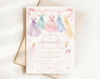 May include: A rectangular invitation card featuring watercolour illustrations of five colourful dresses hanging from a pink ribbon, a star wand, a mirror, and ballet slippers. The text reads: Our Princess Amanda is turning four! Please join us for a Royal Celebration, Sunday, August 24th at 2:00pm, Bow Cute Drive Avenue, New York, CA 90000, RSVP to Amanda at 123.456.789.