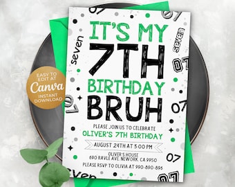 Bruh Boy 7e uitnodiging, Bruh het is mijn verjaardag, Bruh uitnodiging, 5x7, Canva DJ2401