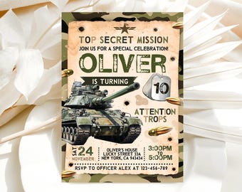 May include: A military-themed invitation with a camouflage background. The invitation features a tank illustration, the name "OLIVER", and the text "TOP SECRET MISSION". It includes event details like date, time, and RSVP information.