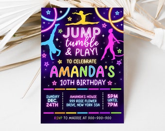 May include: A neon pink, blue, and yellow birthday party invitation with a dark purple background. The invitation says "Jump, Tumble & Play!" to celebrate Amanda's 10th birthday. The invitation includes a silhouette of a gymnast doing a back handspring and a gymnast doing a handstand with a hoop. The invitation includes the date, time, and location of the party.