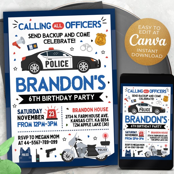 Editable Police Birthday Invitation, Police Invitation, Sheriff Invitation, 5x7, Canva