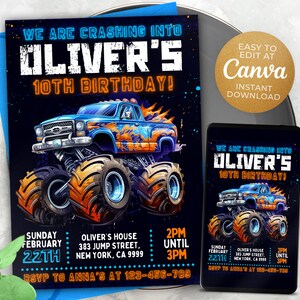 Editable Monster Truck Birthday Invitation Template, Printable Birthday ...