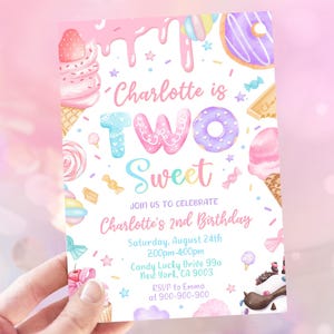 May include: A pink and blue birthday invitation with a sweet theme. The invitation features a watercolor illustration of a donut, ice cream, and candy. The text on the invitation reads "Charlotte is Two Sweet" and includes details about the birthday party, including the date, time, and location.