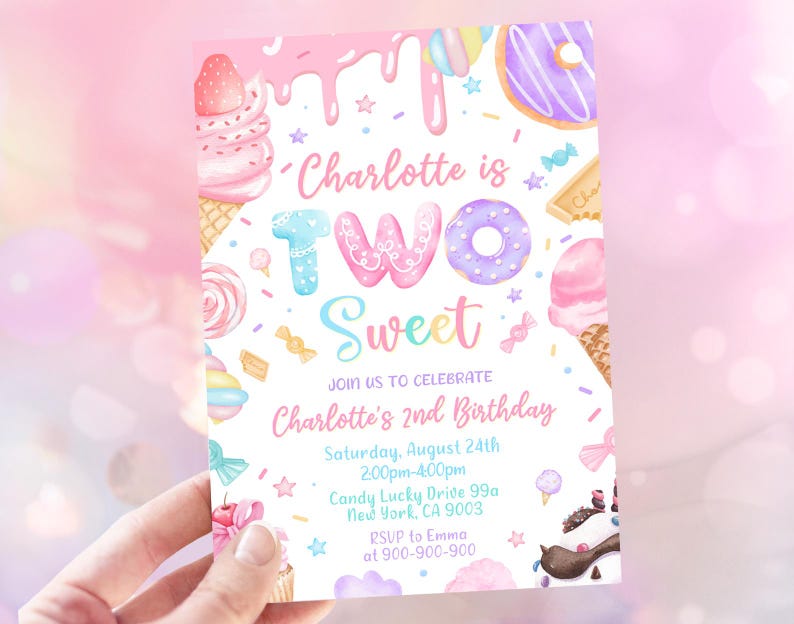May include: A pink and blue birthday invitation with a sweet theme. The invitation features a watercolor illustration of a donut, ice cream, and candy. The text on the invitation reads "Charlotte is Two Sweet" and includes details about the birthday party, including the date, time, and location.