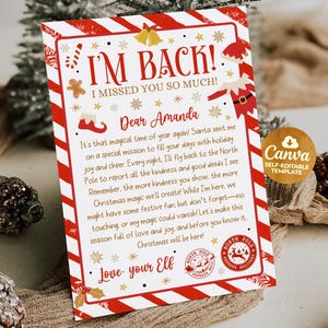 May include: A festive Christmas letter with a red and white striped border and the text "I'M BACK! I MISSED YOU SO MUCH!" The letter is addressed to "Dear Amanda" and includes a message from an elf. The Canva self-editable template is also visible.