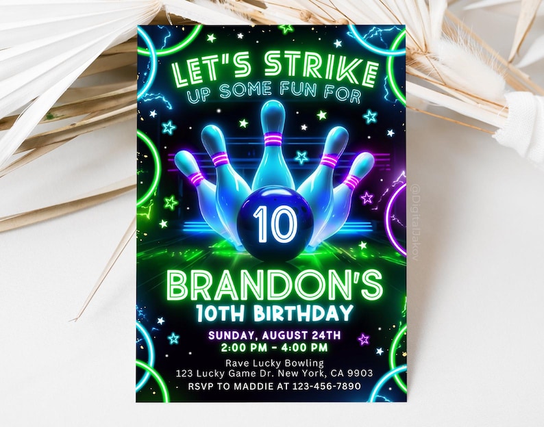 May include: Neon green and blue bowling themed birthday invitation with the text "Let's Strike Up Some Fun For Brandon's 10th Birthday". The invitation includes a graphic of bowling pins and a ball with the number 10 on it.