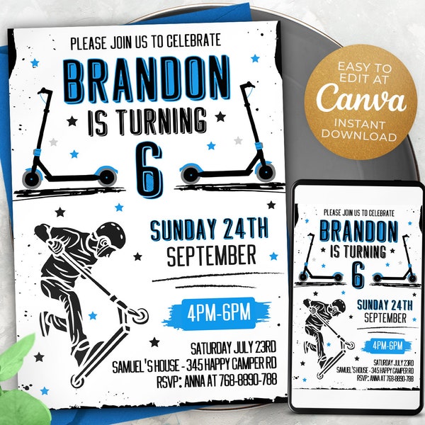 Editable Scooter Skating Birthday Invitation Template, Printable Birthday Party Invitations, Digital Kids Party Invite, 5x7, Canva