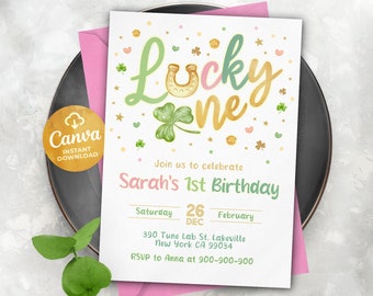 St. Patrick's Day verjaardagsuitnodiging Shamrock Rainbow Gold Party uitnodiging groene Lucky One Girl eerste 1e, Canva 2401LT