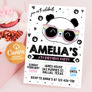 Bewerkbare Rainbow Panda verjaardagsuitnodiging sjabloon, afdrukbare verjaardagsuitnodigingen, digitale kinderfeestuitnodiging, 5x7, Canva