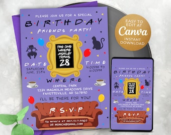 Editable Friends Invitation Template, Printable Birthday Party Invitations, Digital Kids Party Invite, 5x7, Canva