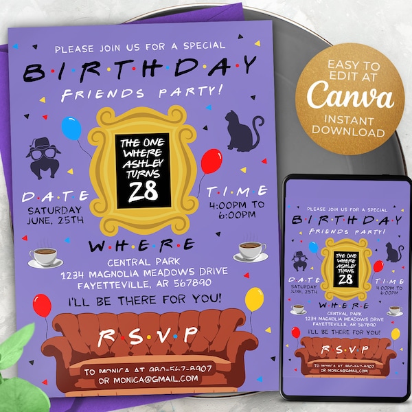 Editable Friends Invitation Template, Printable Birthday Party Invitations, Digital Kids Party Invite, 5x7, Canva
