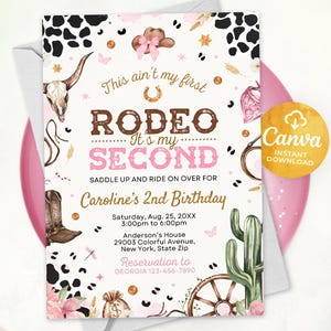 Second Rodeo Invitation, Cowgirl Birthday Invitation, Wild West Cowgirl 2nd Rodeo Invitation, Rodeo Invitation 2nd, Editable Canva 2502