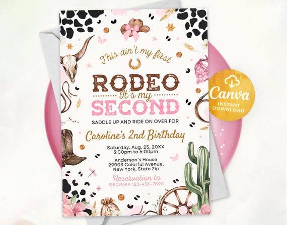 Second Rodeo Invitation, Cowgirl Birthday Invitation, Wild West Cowgirl 2nd Rodeo Invitation, Rodeo Invitation 2nd, Editable Canva 2502