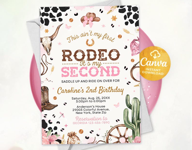 May include: A pink and white printable invitation for a second birthday party with a rodeo theme. The invitation features a cowgirl hat, boots, a cactus, and the text "This ain't my first Rodeo... It's my Second".