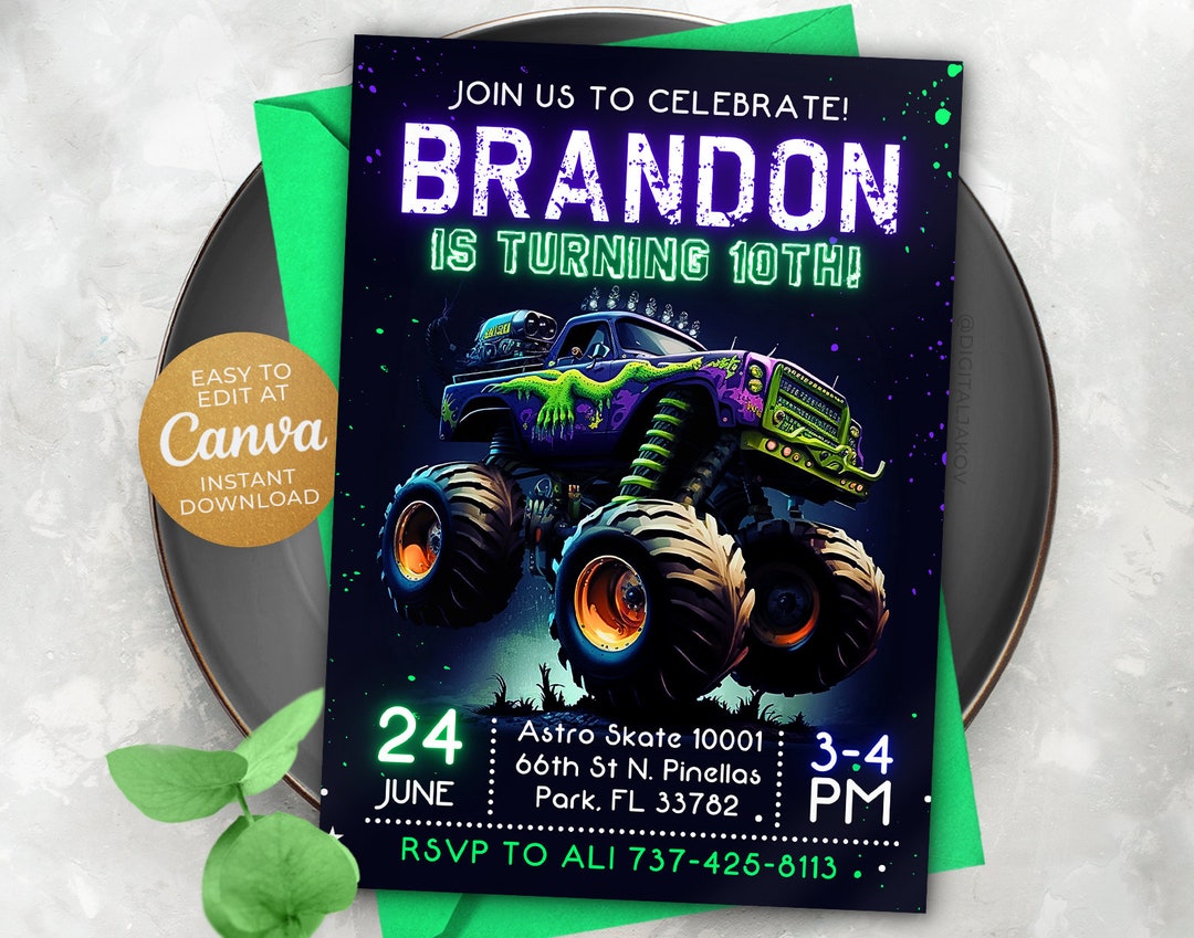 Editable Monster Truck Birthday Invitation Template, Printable Birthday ...