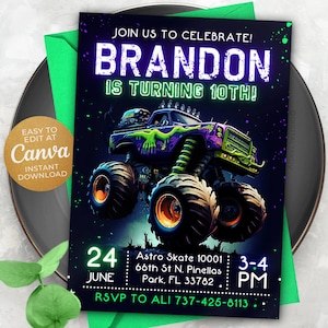Bearbeitbare Monster Truck Geburtstagseinladungsvorlage, druckbare Geburtstagspartyeinladungen, digitale Kinderpartyeinladung, 5x7, Canva NEW2
