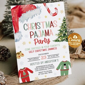 May include: A festive invitation for a Christmas Pajama Party. The design features a Santa hat, candy cane, Christmas tree, and snowflake accents. The text reads "Christmas Pajama Party" with details for the event, including the date, time, and location.