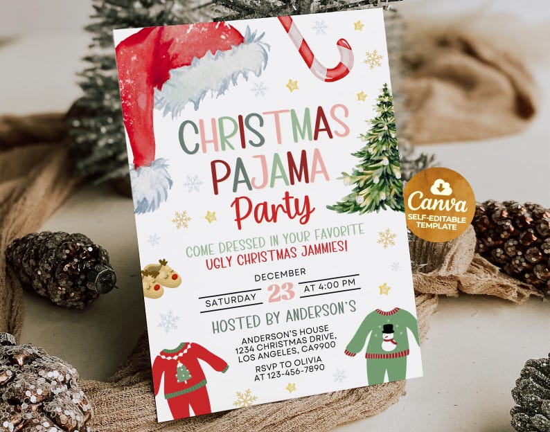 May include: A festive invitation for a Christmas Pajama Party. The design features a Santa hat, candy cane, Christmas tree, and snowflake accents. The text reads "Christmas Pajama Party" with details for the event, including the date, time, and location.