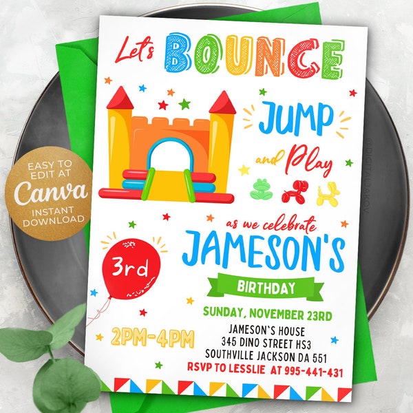 Editable Bounce House Birthday Invitation Template, Printable Birthday Party Invitations, Digital Kids Party Invite, 5x7, Canva