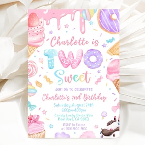 May include: A pink and blue birthday invitation with the text "Charlotte is TWO Sweet" and a variety of candy and dessert illustrations. The invitation includes the date, time, and location of the party, as well as an RSVP contact.